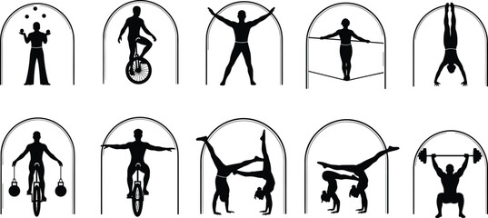 Circus performers black silhouette collection featuring jugglers, unicycle riders, tightrope walkers, acrobats, gymnasts, and strongmen in various athletic poses for entertainment. © Shahanaj