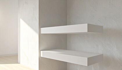 Obraz premium Two Floating Shelves in Neutral Room Corner with Soft Daylight, Modern Interior Background