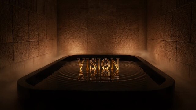 Golden 'VISION' Word Reflected in Still Dark Water, Illuminated by Ethereal Glow in a Mysterious Room, Conceptual Abstract Design