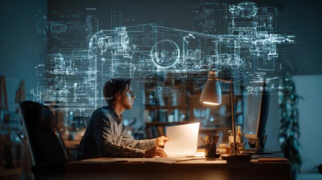 Creative Engineer at Work: An engineer, illuminated by the warm glow of a desk lamp, meticulously analyzes complex blueprints, immersed in a futuristic project.