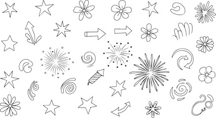 A variety of intricate and artistic line drawings of stars and fireworks isolated on transparent background