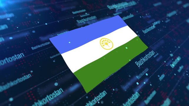 Bashkortostan Flag Waving on Abstract Digital Background with Glowing Elements