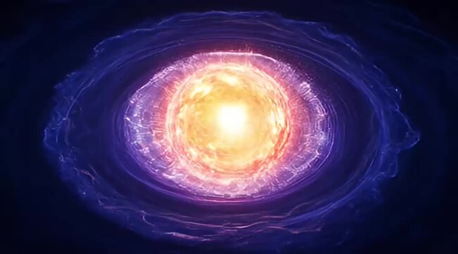 Abstract glowing core surrounded by swirling cosmic energy field emanating outwards