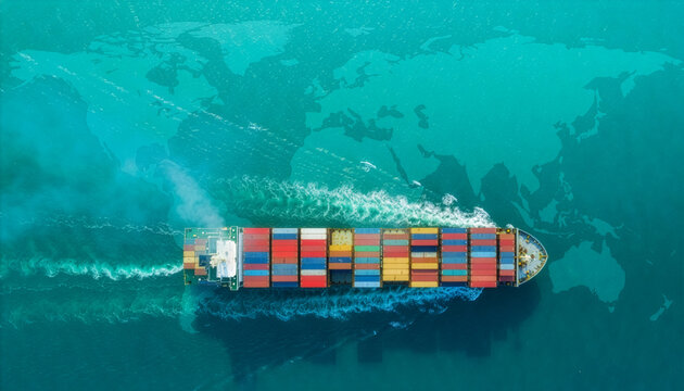 Global Shipping and International Trade Concept with Container Cargo Ship Over World Map