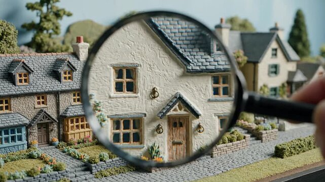 Magnifying glass reveals details of a miniature cottage house model