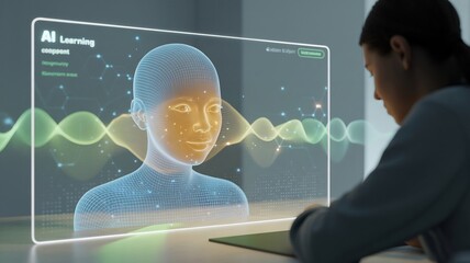 Woman Interacting with AI Learning Interface on Holographic Screen