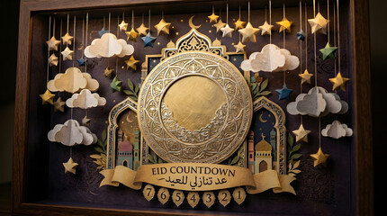 Eid Countdown Calendar with 3D Paper Cut Mosque and Stars, Islamic Ramadan Decoration, Religious Festival Celebration Art Box