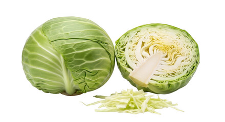 Fototapeta premium Cabbage halves, one sliced, with shredded pieces, isolated on transparent background