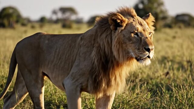 Male lion walking in African savanna grassland with golden light
