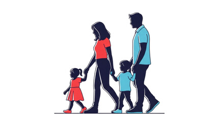 Fototapeta premium Family of four walking together, holding hands, outdoors, from a side view