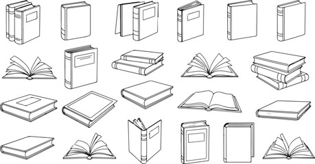 A diverse collection of books and notebooks in various styles and formats isolated on transparent background