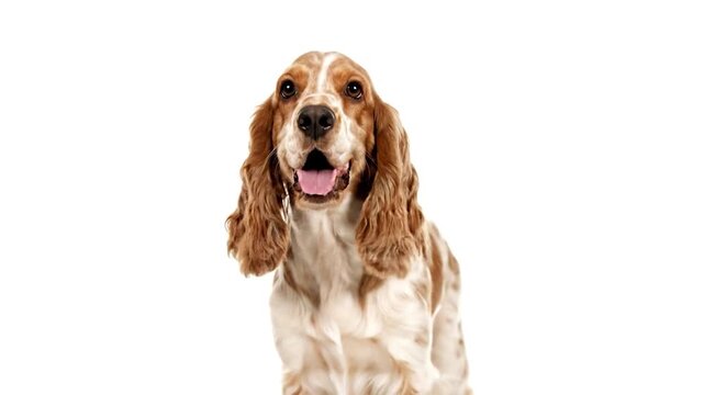 A smiling Cocker Spaniel on a white background, front-facing