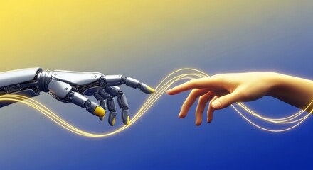 A futuristic robotic hand and a natural human hand gently reach towards each other, intertwined by luminous golden data lines.