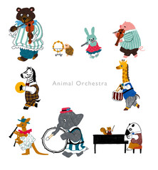 手書き風の動物の音楽隊イラスト