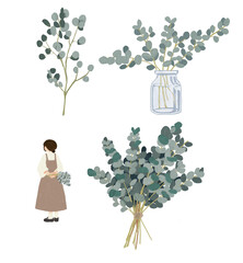 手書き風のユーカリの枝と女の子
