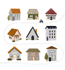 手書き風の家が並ぶ街並みと通りのイラスト