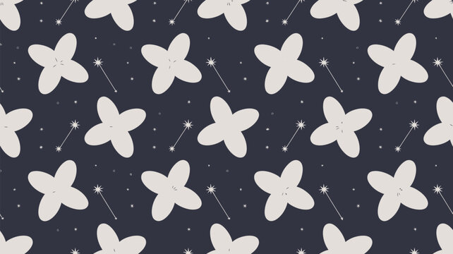 A charming seamless pattern featuring stylized light beige four-petal flower shapes, twinkling stars, and delicate small constellations on a dark serene background for textile designs.