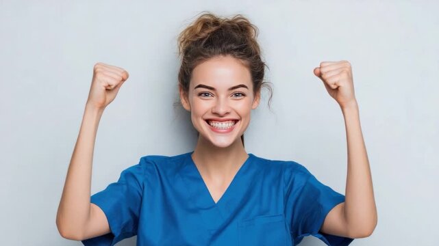 Smiling Nurse Radiates Confidence: A cheerful healthcare professional, dressed in scrubs, celebrates a personal victory with an exuberant display of joy.