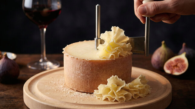 T&ecirc;te de Moine Cheese Shaved into Rosettes on Wooden Board