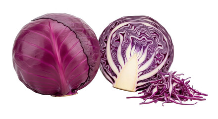 Fresh red cabbage whole and chopped isolated on transparent background