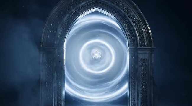Majestic portal gateway with swirling ethereal energies suggesting interdimensional travel