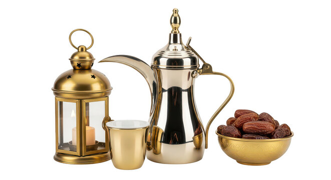 Arabic coffee set with dates and lantern on transparent background