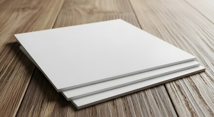 Fototapeta premium Stack of blank white paper sheets on wooden desk, empty pages for writing or printing, clean and minimalistic background
