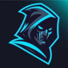Fototapeta premium Glowing blue hooded face logo with neon outline on dark background