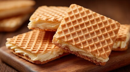 Tasty cream wafers rest on a wood surface.
