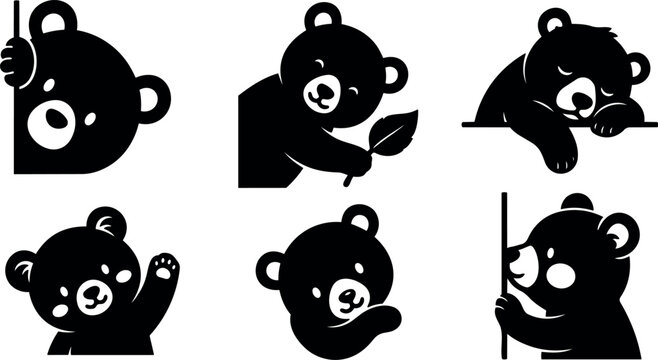 Flat vector icon set of six playful bear cub poses peeking waving sleeping holding leaf minimalist silhouette black bold shapes