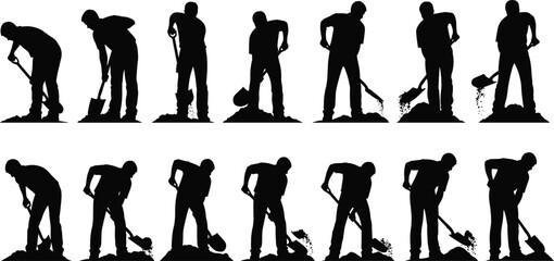 Silhouette of construction worker digging with shovel set isolated on white background, manual labor sequence showing different stages of shoveling and earthmoving work © parves's world