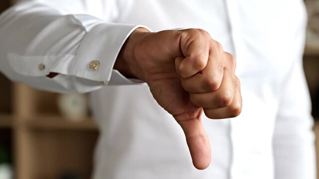 Person's hand showing thumbs down gesture in white shirt
