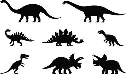 Dinosaur silhouette collection featuring T rex, stegosaurus and triceratops, prehistoric reptile vector set isolated on white background for design © Taslima