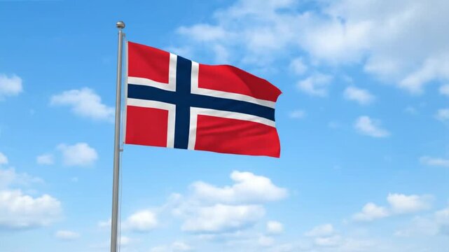 Norwegian flag waving on a flagpole against a serene blue sky with white clouds