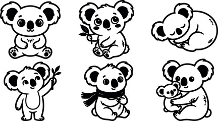 Fototapeta premium Line art cute koala character set showing sitting eating leaves waving sleeping hugging baby wearing scarf holding branch smiling front