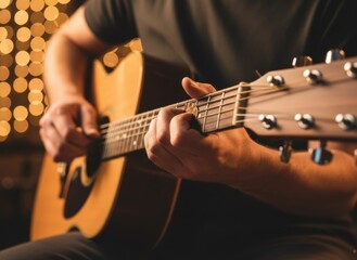 Fototapeta premium Close-up of a musician's hands playing an acoustic guitar with warm bokeh lights in the background during a performance