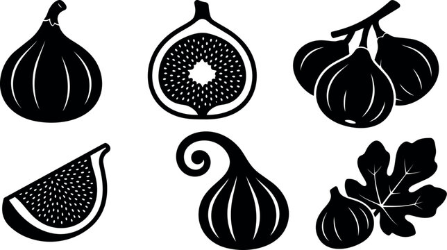 Minimalist flat vector fig icon set showing whole half slice cluster leaf and single fig in simple silhouette style black