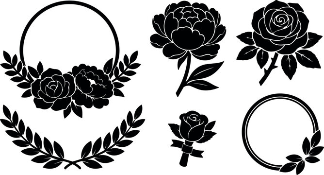 Silhouette flat design floral wreath with rose and peony icons arranged in circle frames and laurel accents minimalist vector black