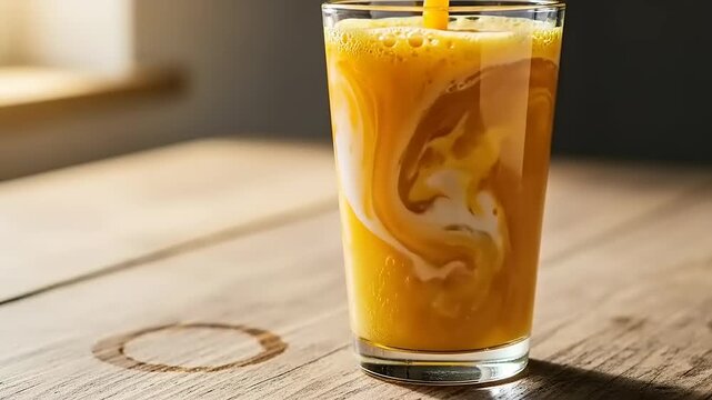 Glass of Orange Iced Drink on Wooden Table.