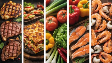 Vibrant food collage with meat seafood and vegetables