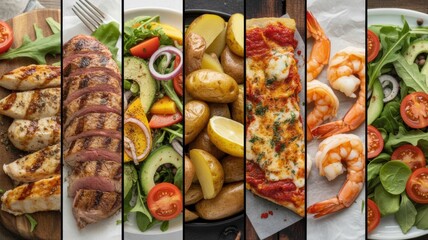 food collage with grilled chicken pizza salads and shrimp