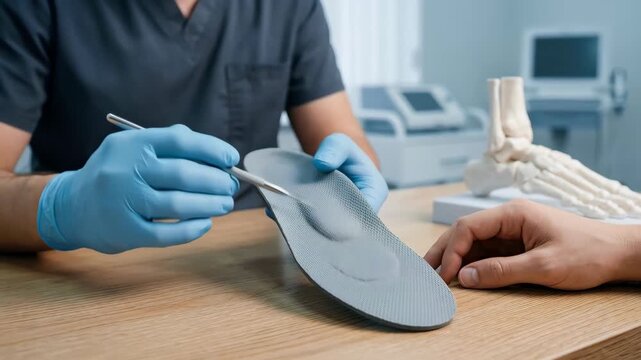 Slow motion footage of a podiatrist in blue gloves explaining the benefits of an orthopedic shoe insole to a patient in a clinic for foot care, health, and medical rehabilitation.
