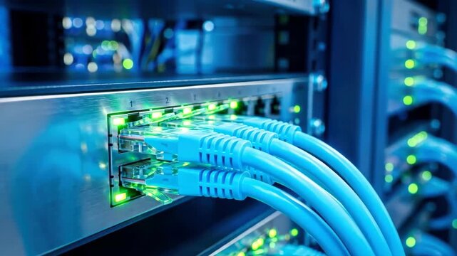 Slow motion footage of blue ethernet network cables connected to a high speed server rack with flashing green LED lights in a modern data center for cloud computing and internet.