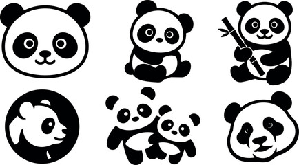 Fototapeta premium Flat design cute panda icon set six minimal black and white headshots and poses holding bamboo sitting pair smiling playful