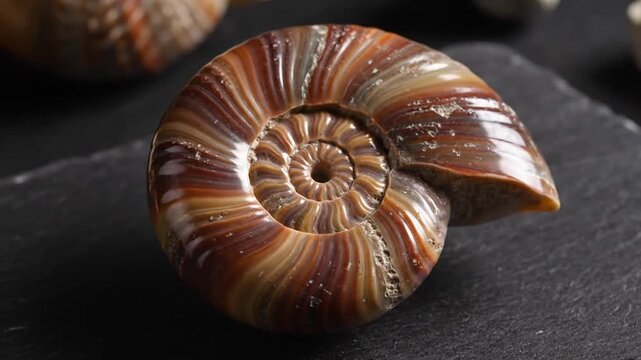 Spiral ammonite fossil with intricate pattern on dark surface
