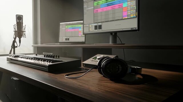 Professional home music studio setup featuring a MIDI keyboard, headphones, and dual monitors with digital audio workstation software in cinematic moody lighting with dust motes.