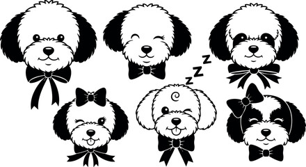 Fototapeta premium Cute bow tied puppy faces set six expressions flat vector black and white adorable closeup cartoon icon collection playful sleeping
