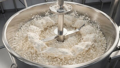 Highshear granulation scene showcasing rapid blending and densification of powders in a rotating bowl emphasizing efficient granule production for enhanced flow properties.