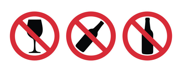 Fototapeta premium Three prohibition signs showing no wine glass and bottles, warning symbols for restricted zones, clean design