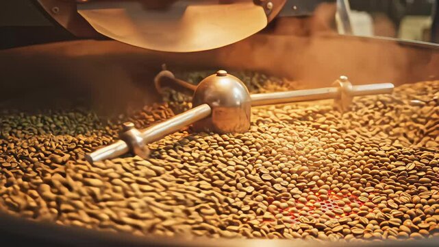 Industrial coffee roasting machine mixing fresh beans during cooling process with smoke and steam